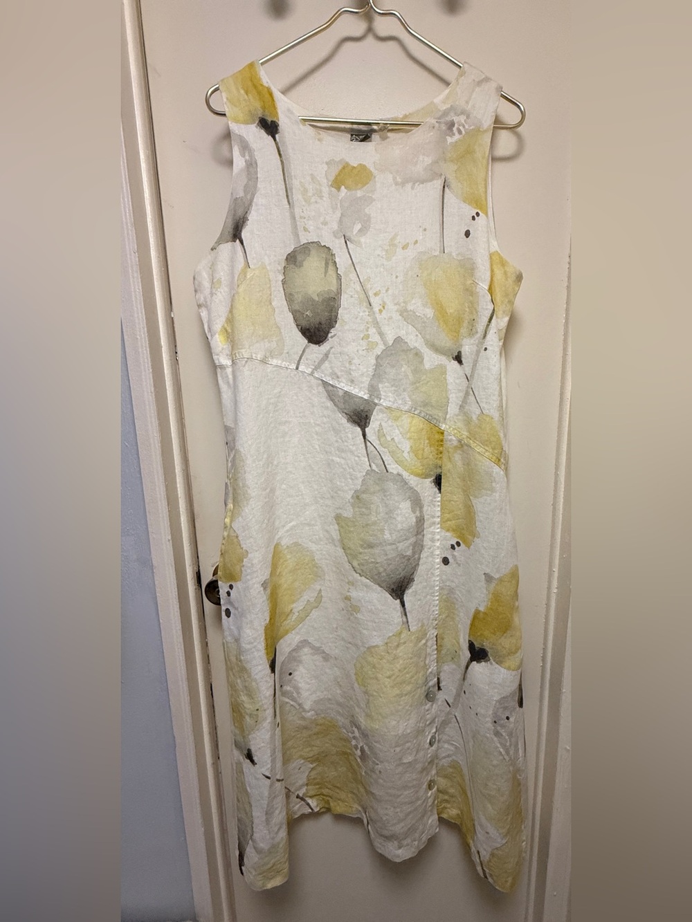 Dolcezza Sleeveless Linen White & Yellow Mist abstract Floral Lined Dress M